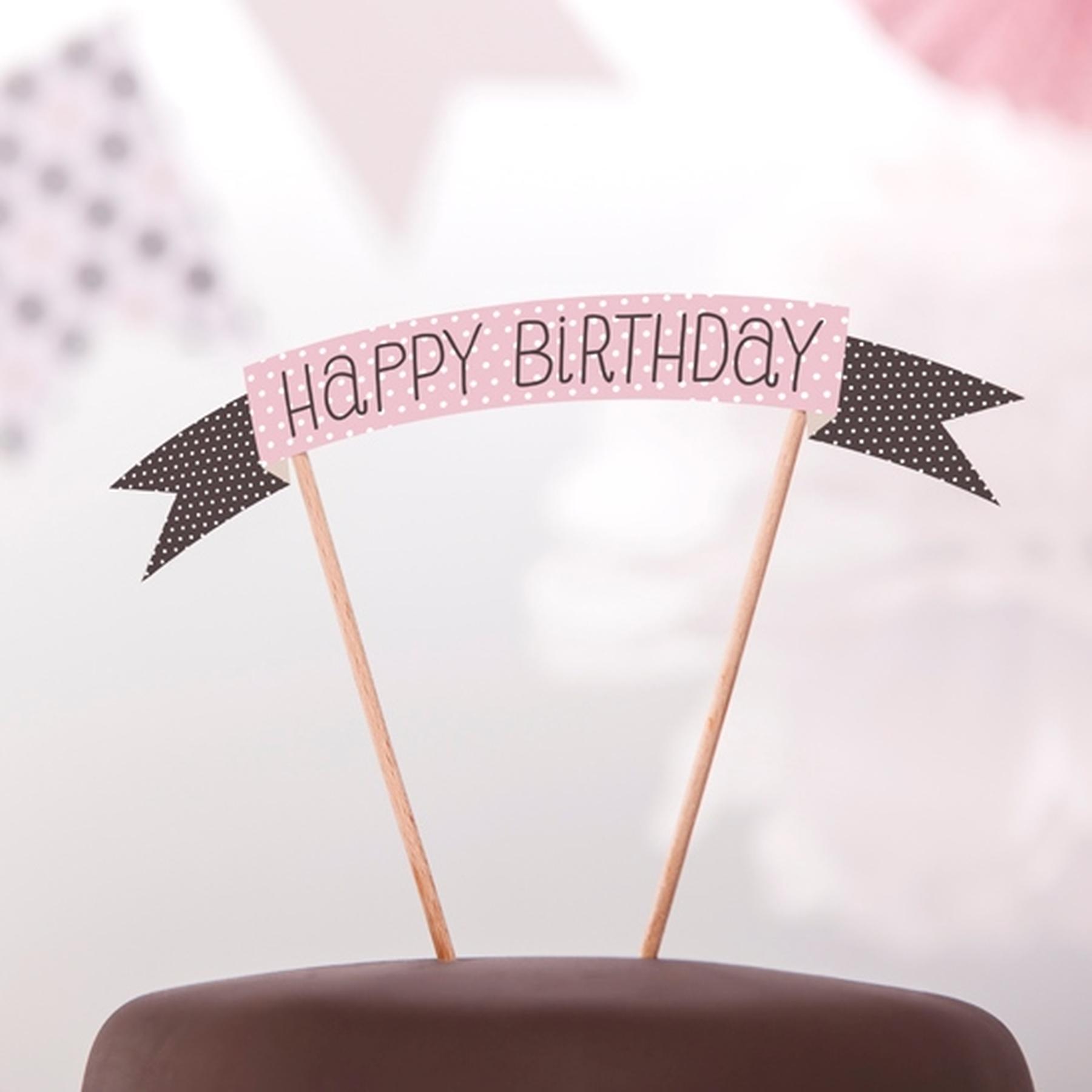 Cake topper - Happy Birthday - Rosa, Braun (bepunktet)