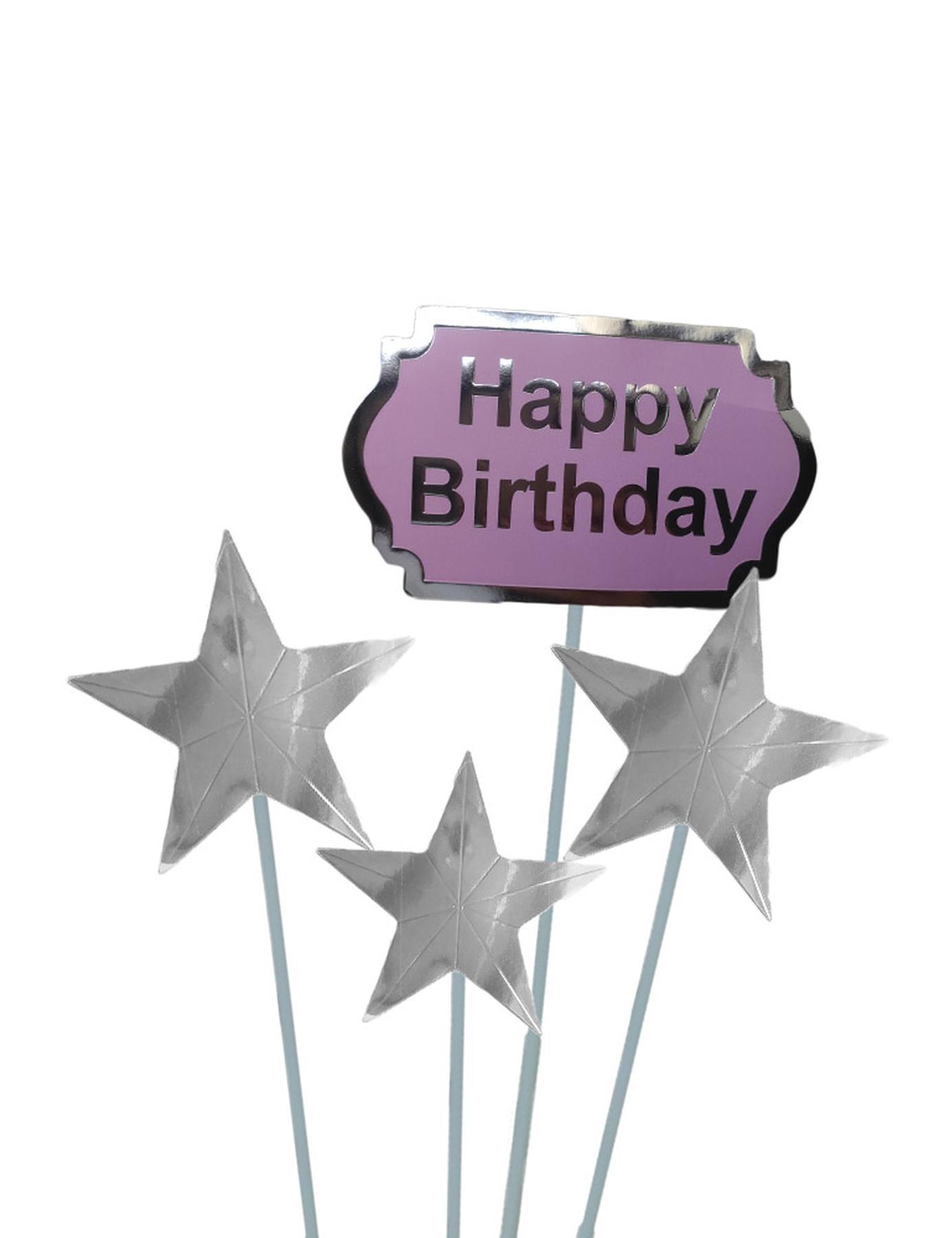 Cake topper - Happy Birthday Schild mit Sternen - Silber, Rosa