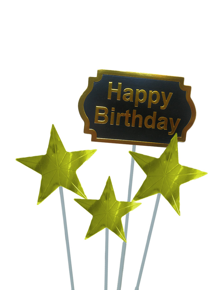 Cake topper - Happy Birthday Schild mit Sternen - Gold, Schwarz