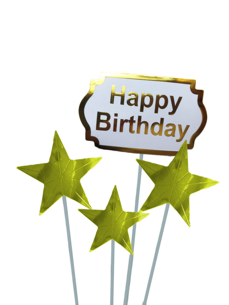 Cake topper - Happy Birthday Schild mit Sternen - Gold, Weiß