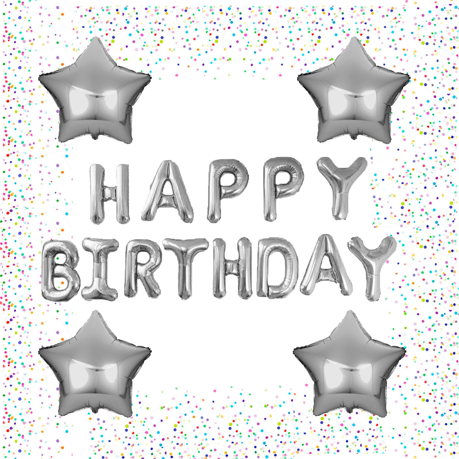 Folienballon SET - Happy Birthday  Silber mit 4x Sternen