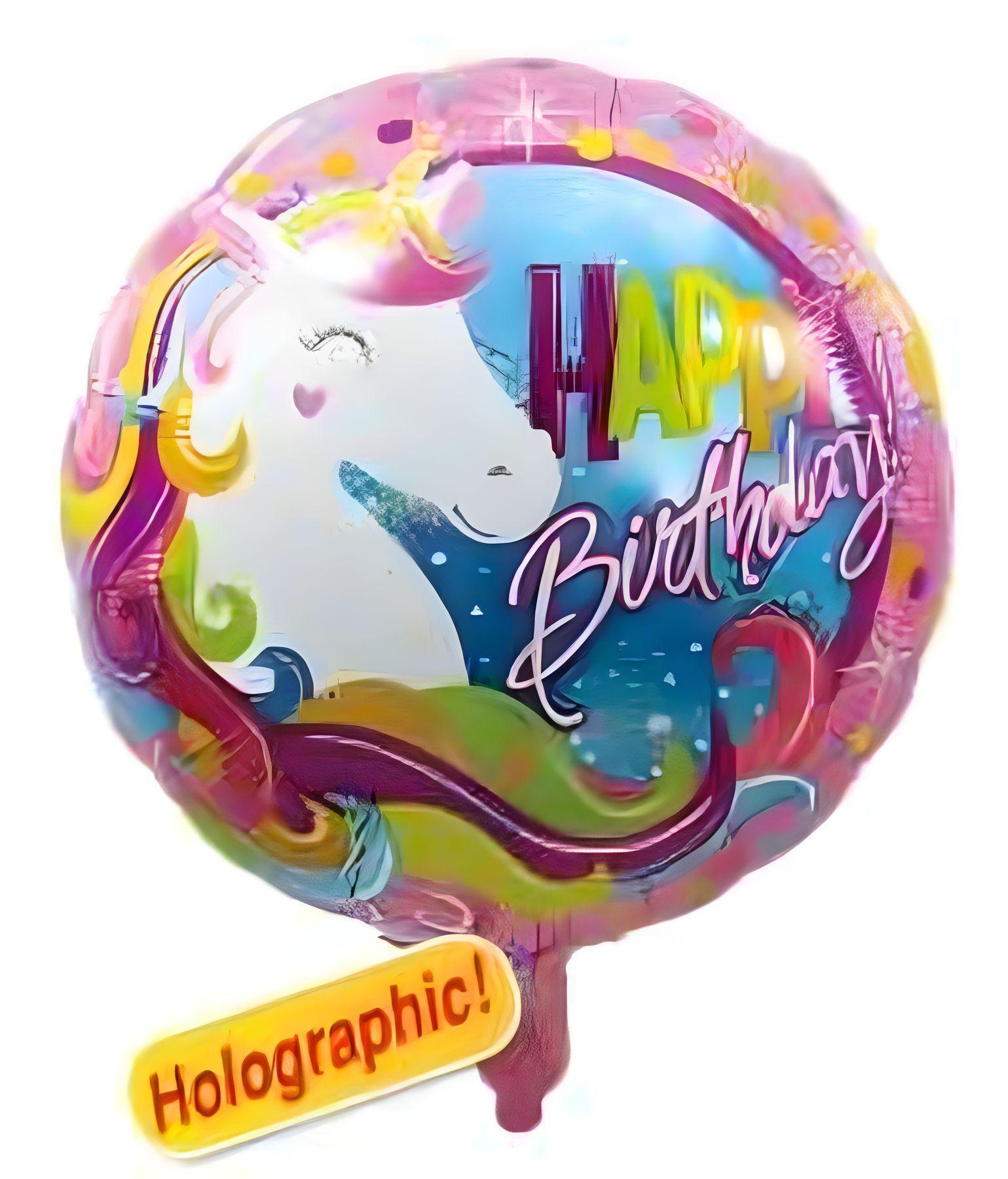 Folienballon Happy Birthday Einhorn, holografisch pink, ca. 45 cm