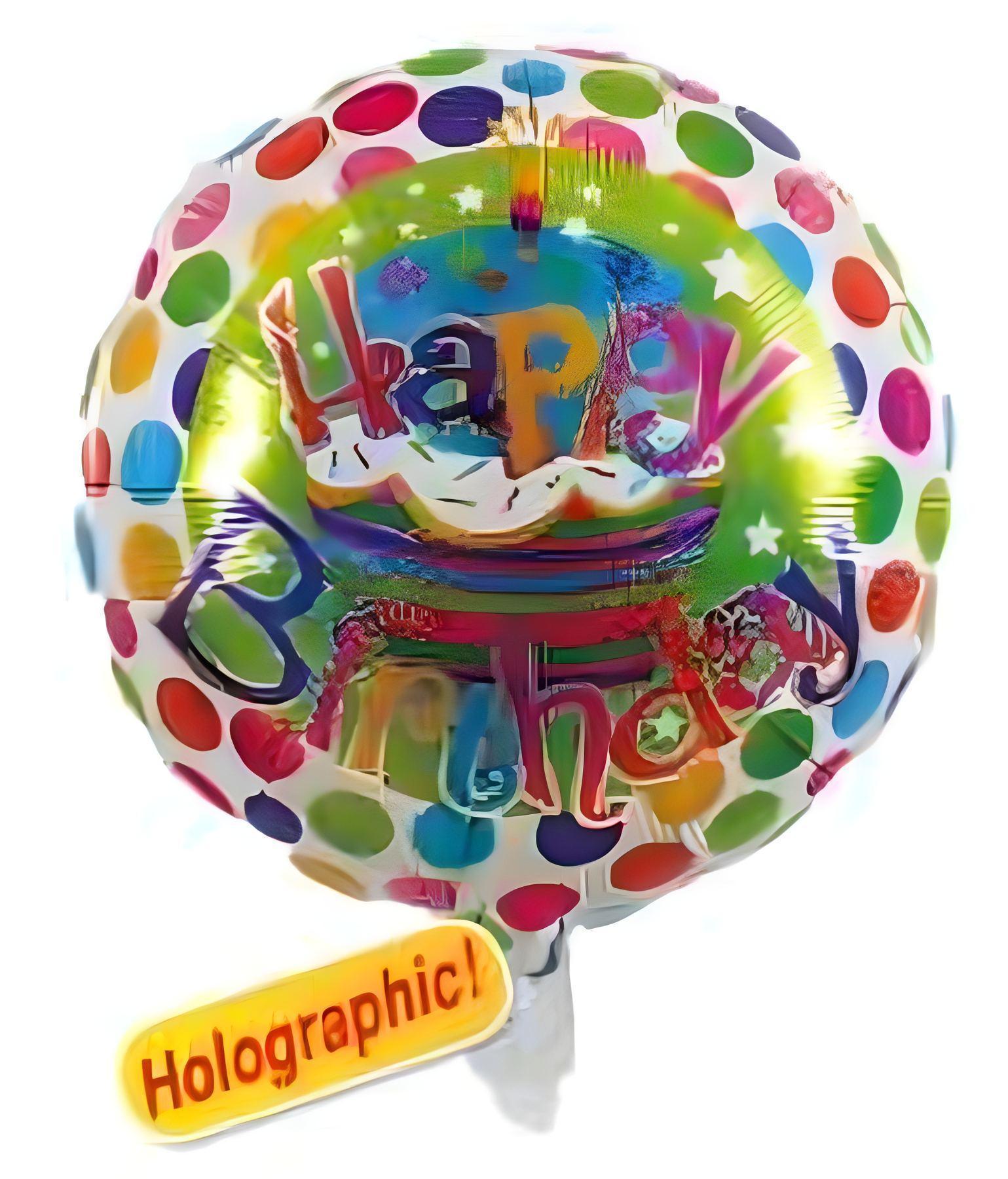 Folienballon Happy Birthday holografisch, gepunktet, bunte Schrift, ca. 45 cm