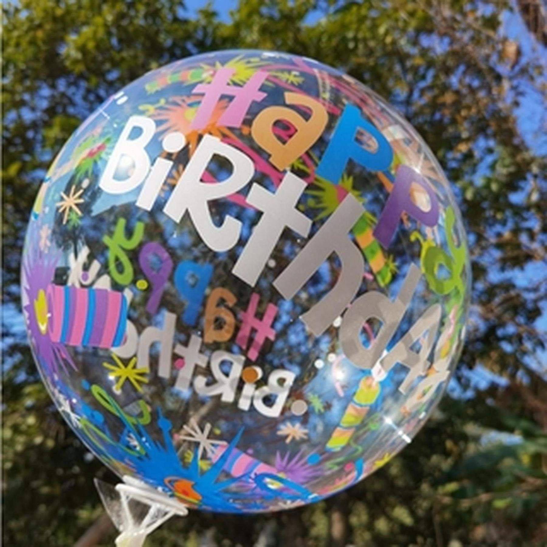 Transparenter Deko Ballon Happy Birthday bunte Farbflecken, Spiralen, 55 cm