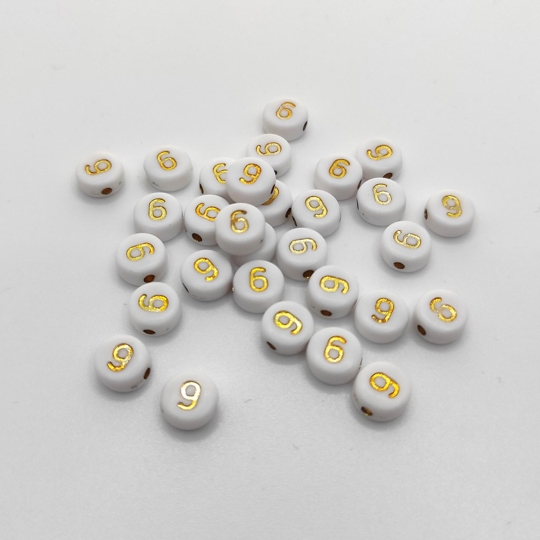 Buchstaben Perlen, 30 Stück, 4x7 mm, gold mit weiß, rund, Zahl 6