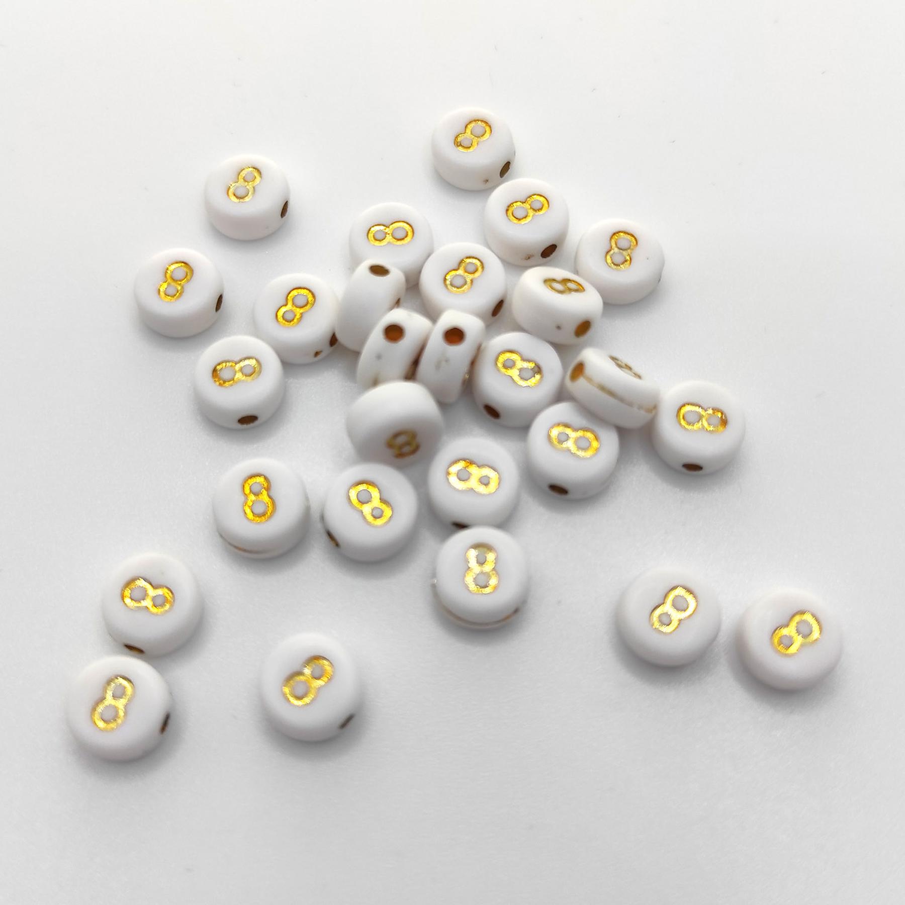 Buchstaben Perlen, 30 Stück, 4x7 mm, gold mit weiß, rund, Zahl 8