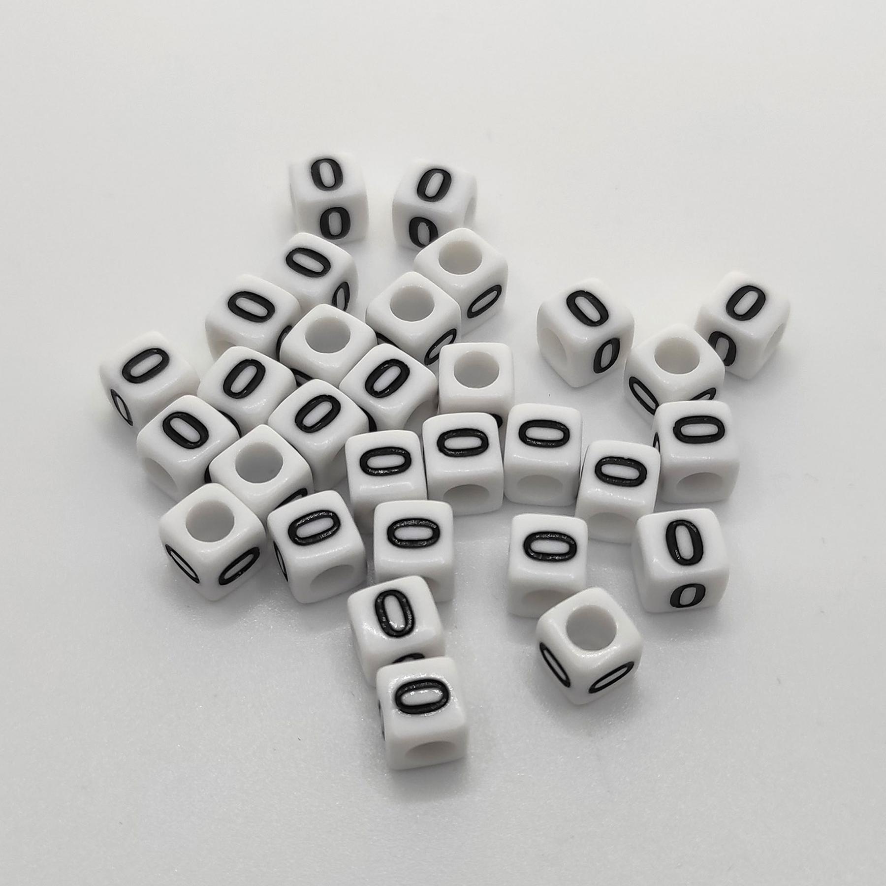 Buchstaben Perlen, 30 Stück, 6x6 mm, weiß mit schwarz, eckig, Zahl 0