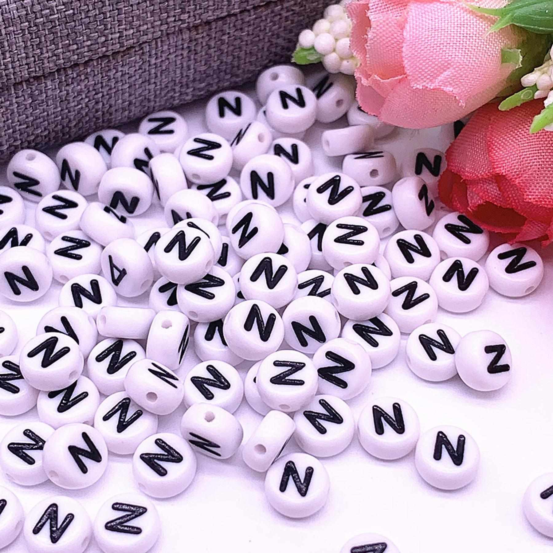 Buchstaben Perlen, 30 Stück, 4x7 mm, weiß mit schwarz, rund, Buchstabe N