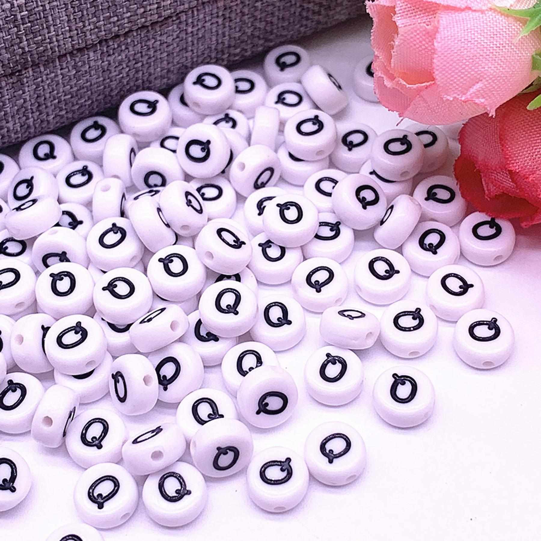 Buchstaben Perlen, 30 Stück, 4x7 mm, weiß mit schwarz, rund, Buchstabe Q